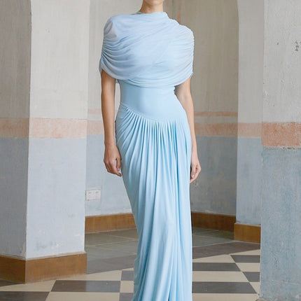 Andromeda Maxi Dress Baby Blue Shawl Design Asymmetric Pleats Luxury Elegance