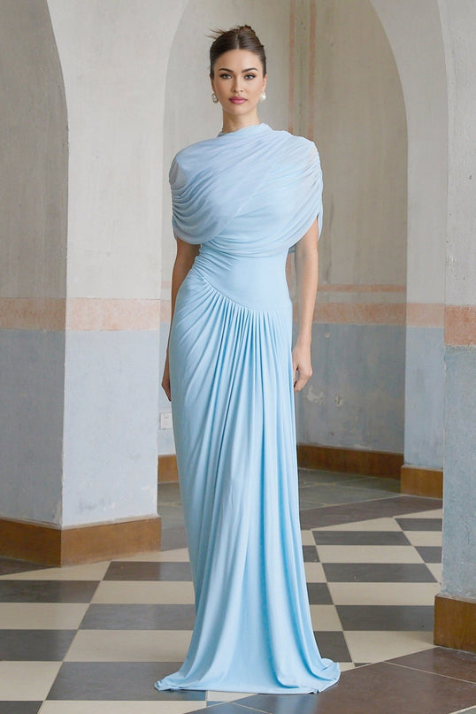 Andromeda Baby Blue Maxi Dress Shawl Design Asymmetric Pleats Luxury Refinement Special Occasions Polyamide Elastane