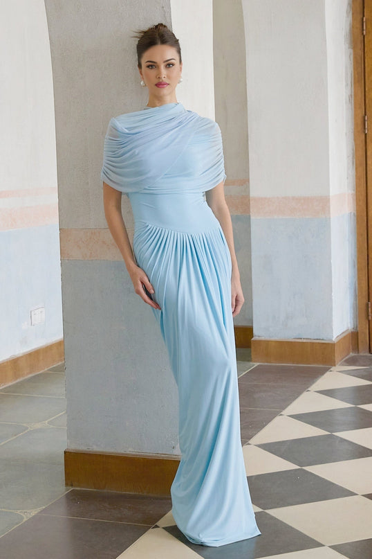 Andromeda Maxi Dress Baby Blue Shawl Design Asymmetric Pleats Luxury Refinement Special Occasions Polyamide Elastane Comfort Style