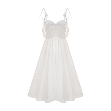 Andromeda White Midi Dress Sweetheart Neckline Bustier Style Rouleau Straps Waist Tie Side Pockets Rear Zip Impeccable Craftsmanship
