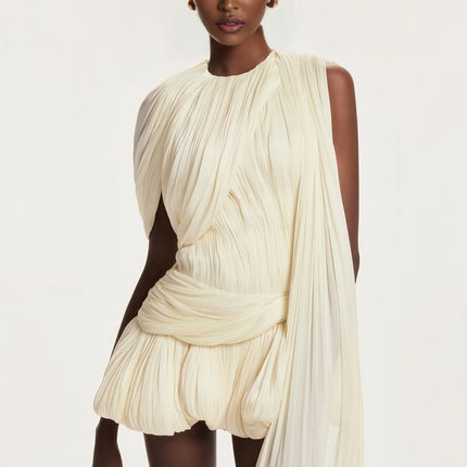 Andromeda Neutrals Mini Dress with Twist and Ribbon Detailing