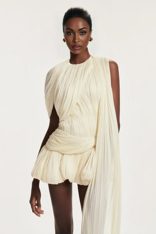 Andromeda Neutrals Mini Dress with Twist and Ribbon Detailing