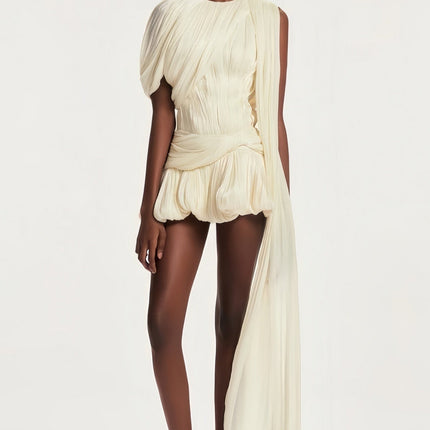 Andromeda Neutrals Mini Dress Twist Detailing Ribbon Design Glitter Pleated Bubble Hem Spandex Terylene Fiber Glamour