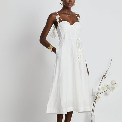 Andromeda White Midi Dress Sweetheart Neckline Bustier Style Rouleau Straps Waist Tie Side Pockets Rear Zip Midi Length