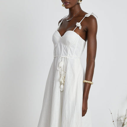 Andromeda White Midi Dress Sweetheart Neckline Bustier Style Rouleau Straps Waist Tie Two Side Pockets Rear Zip Midi Length
