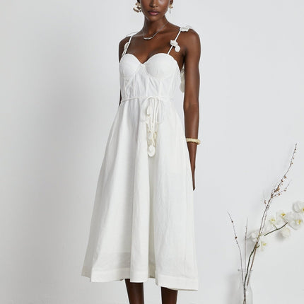 Andromeda White Midi Dress Sweetheart Neckline Bustier Style Rouleau Straps Waist Tie Side Pockets Rear Zip Midi Length