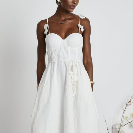 Andromeda White Midi Dress Sweetheart Neckline Bustier Style Rouleau Straps Waist Tie Side Pockets Rear Zip Midi Length