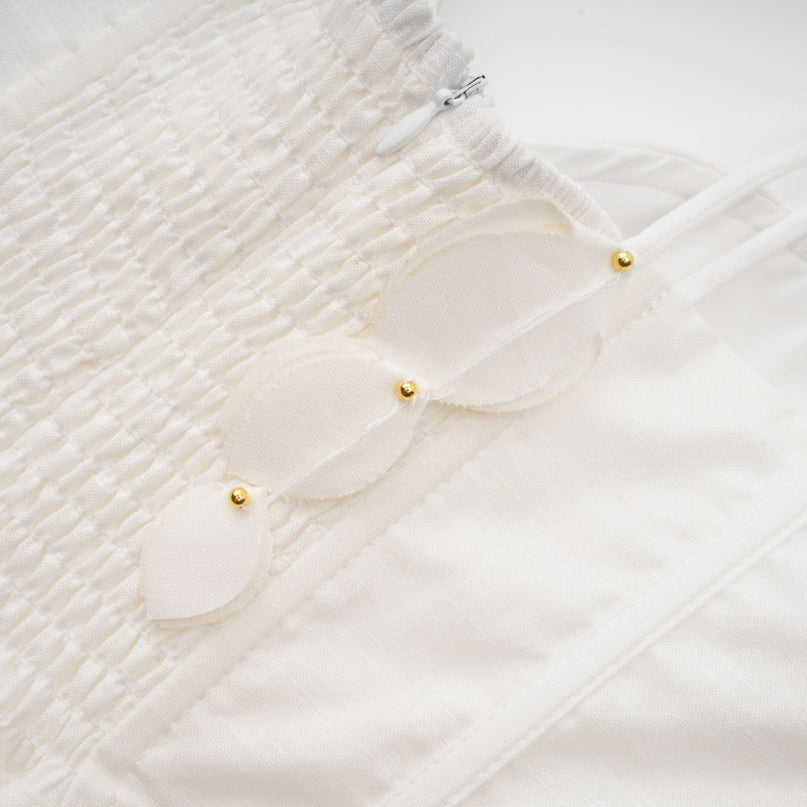 Andromeda White Midi Dress Sweetheart Neckline Bustier Style Rouleau Straps Waist Tie Side Pockets Rear Zip Midi Length