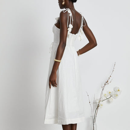 Andromeda White Midi Dress with Sweetheart neckline and Bustier style bodice