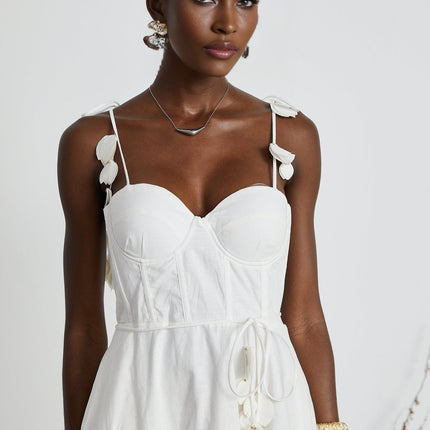 Andromeda White Midi Dress with Sweetheart Neckline and Bustier Style Bodice
