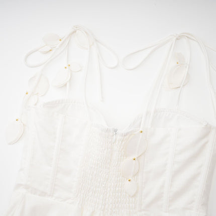 Andromeda White Midi Dress Sweetheart Neckline Bustier Style Rouleau Straps Waist Tie Side Pockets Rear Zip Midi Length