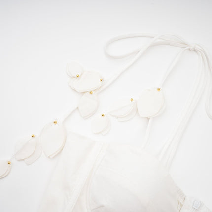 Andromeda White Midi Dress Sweetheart Neckline Bustier Style Rouleau Straps Waist Tie Side Pockets Rear Zip Midi Length
