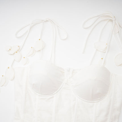 Andromeda White Midi Dress Sweetheart Neckline Bustier Style Rouleau Straps Waist Tie Side Pockets Rear Zip Impeccable Craftsmanship