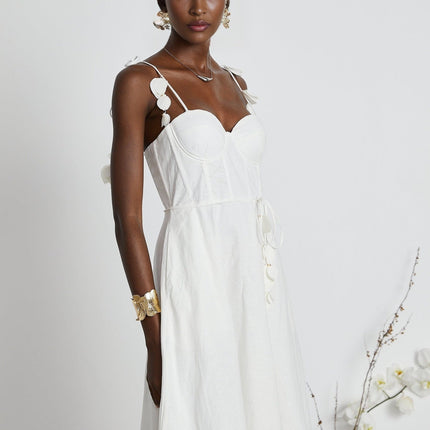 Andromeda White Midi Dress with Sweetheart neckline and Bustier style bodice