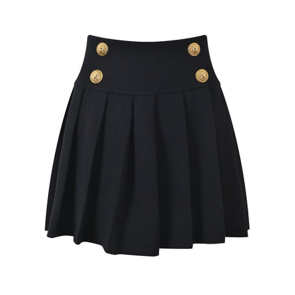 Angel black high waisted flared pleated skirt with gold decorative buttons