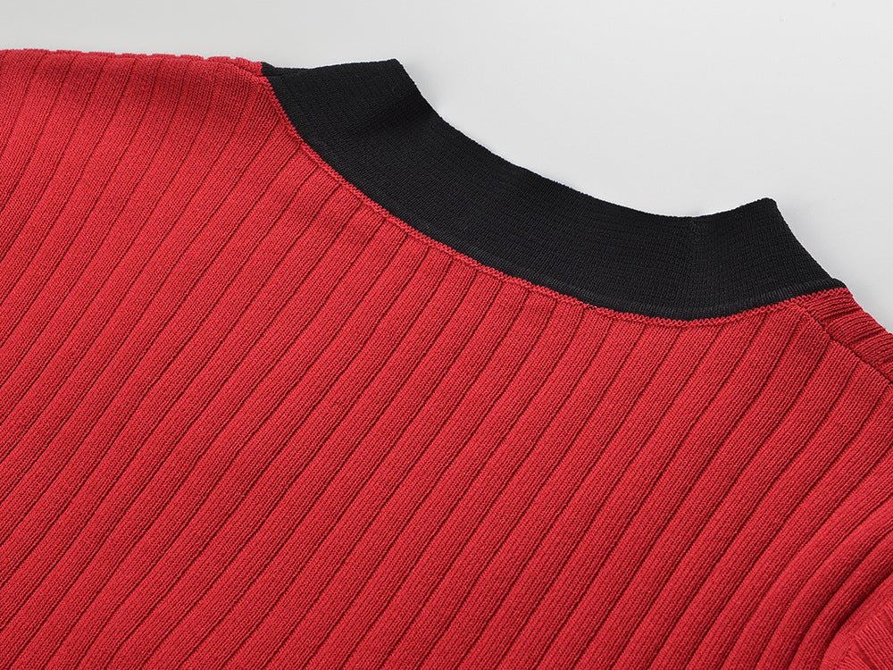 Angel wearing Bright Red Button-Down V-Neck Top with Black Accents