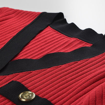 Angel wearing Bright Red V-neck Button-Down with Black Accents