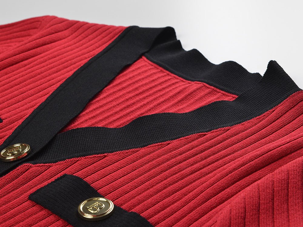 Angel wearing Bright Red V-neck Button-Down with Black Accents