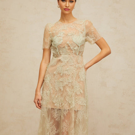 Angel Green Floral Lace Midi Dress with Boned Bodice and Mint Green Color