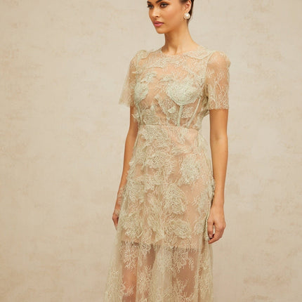 Angel Green Floral Lace Midi Dress with Boned Bodice and Round Neck