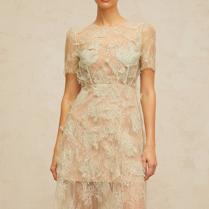 Angel Green Lace Midi Dress with Boned Bodice and Semi-Sheer Construction