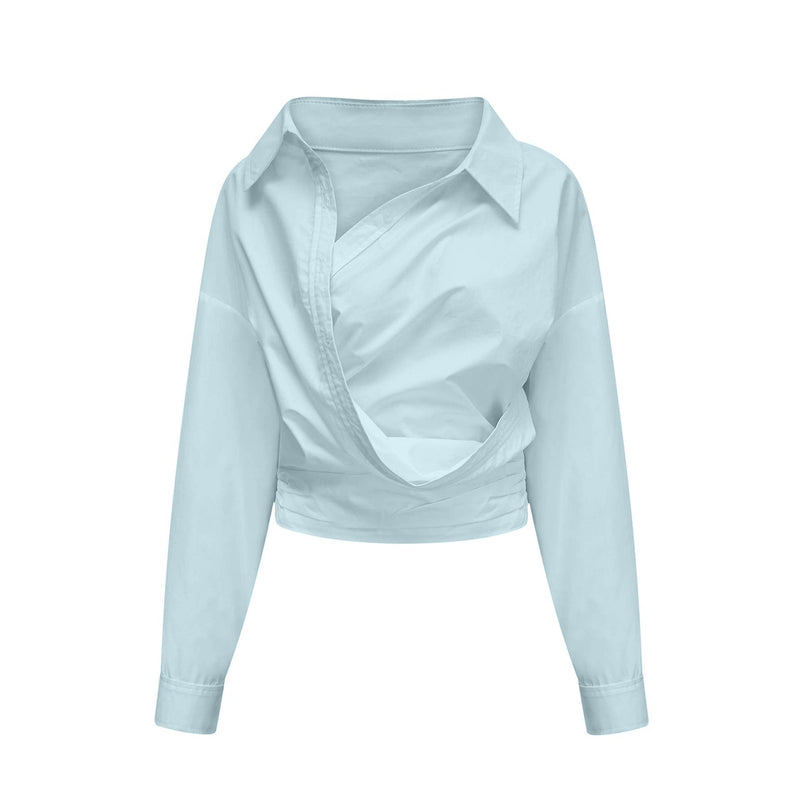 Angel Shirt Blue asymmetrical ruched wrap design spread collar long sleeves chic cropped length 100% Terylene fiber luxury comfort versatile shirt day evening