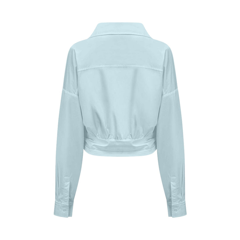 Angel Shirt Blue asymmetrical ruched wrap design spread collar long sleeves cropped length 100% Terylene fiber luxury comfort versatile