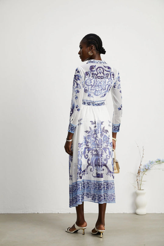 Angela Blue Crystal Embellished Midi Dress in Viscose Silk Blend