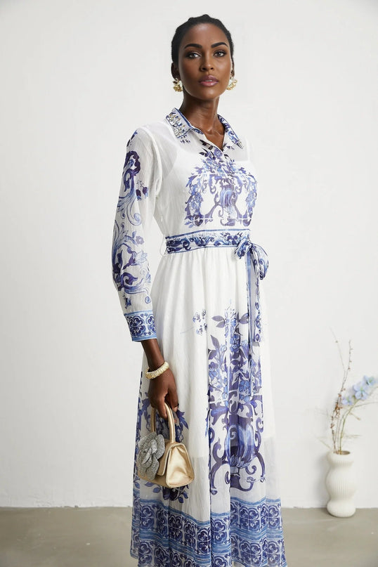 Angela Blue Crystal Embellished Midi Dress in Tulle Fabric
