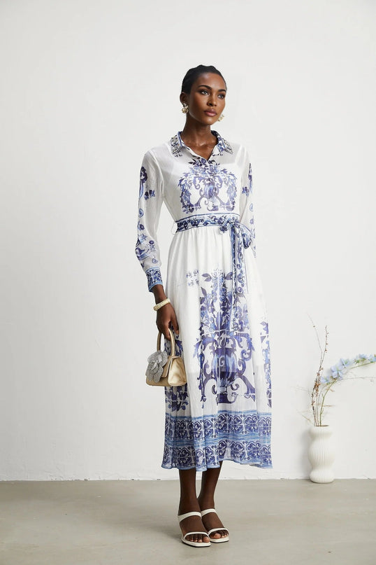 Angela Blue Crystal Embellished Midi Dress Viscose Silk Blend