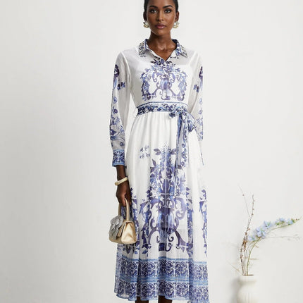 Angela Blue Crystal Embellished Midi Dress Viscose Silk Blend Long Sleeve Cinched Waist Button Fastening Tulle Fabric Pattern Print Elegant Chic Comfortable Sophisticated Glamorous Modern Fashion Connoisseur