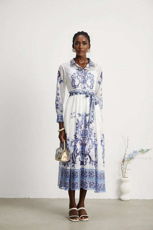 Angela Blue Crystal Embellished Midi Dress Viscose Silk Blend Long Sleeve Cinched Waist Button Fastening Tulle Fabric Pattern Print Elegant Chic Comfortable Sophisticated Glamorous Modern Fashion Connoisseur