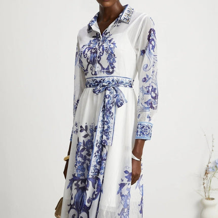 Angela Blue Crystal Embellished Midi Dress with Long Sleeves and Cinched Waist in Viscose Silk Blend