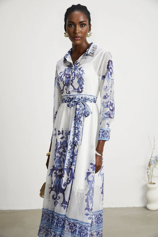 Angela Blue Crystal Embellished Midi Dress with Long Sleeves and Cinched Waist in Viscose Silk Blend