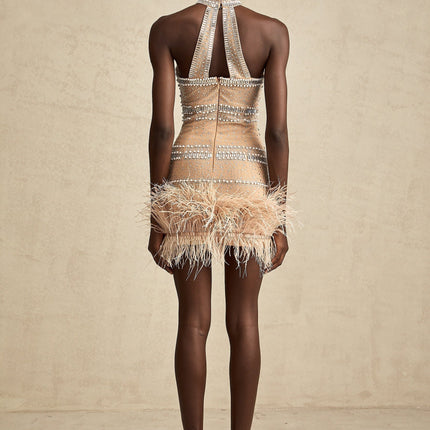 Angela Halterneck Mini Dress in Neutrals Feather and Faux-Pearl Embellishments