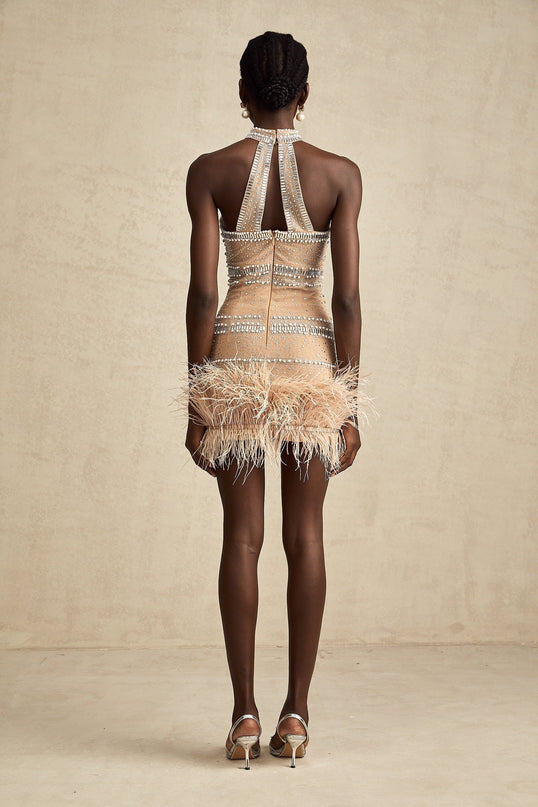 Angela Halterneck Mini Dress in Neutrals Feather and Faux-Pearl Embellishments