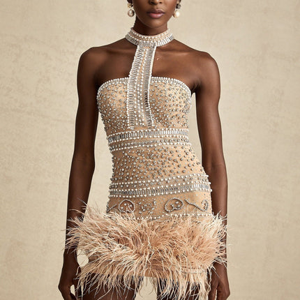 Angela Halterneck Mini Dress in Neutrals Feather Faux-Pearl Embellishments Spandex Polyamide Thigh-Length Sleek Silhouette Rear Zip Fastening Straight Hem Elegant Glamorous Design