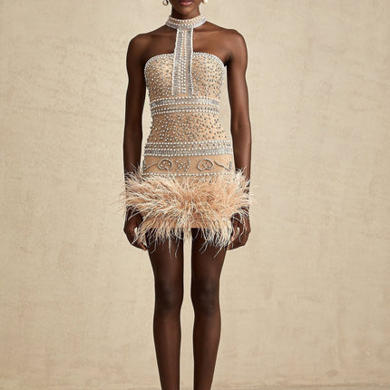 Angela Neutrals Halterneck Mini Dress with Feather and Faux-Pearl Embellishments