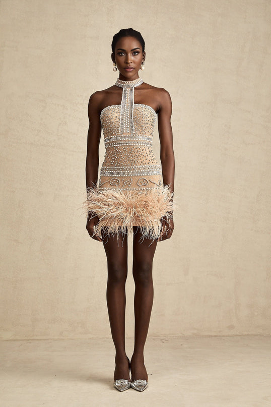 Angela Neutrals Halterneck Mini Dress with Feather and Faux-Pearl Embellishments