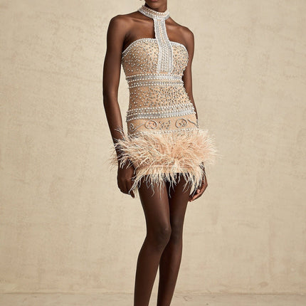 Angela Halterneck Mini Dress in Neutrals with Feather and Faux-Pearl Embellishments