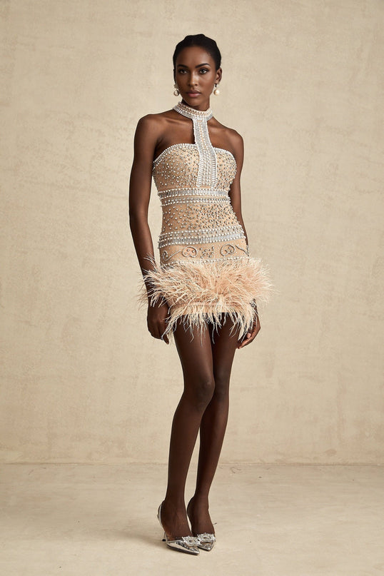 Angela Halterneck Mini Dress in Neutrals with Feather and Faux-Pearl Embellishments