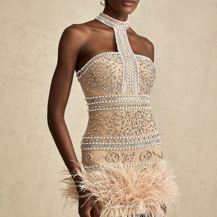 Angela Halterneck Mini Dress Neutrals Feather Faux-Pearl Embellishments