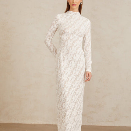 Angela White Crochet Lace Maxi Dress Floral Jacquard Pattern Long Sleeve Mock Neck Zip Fastening Terylene Fiber
