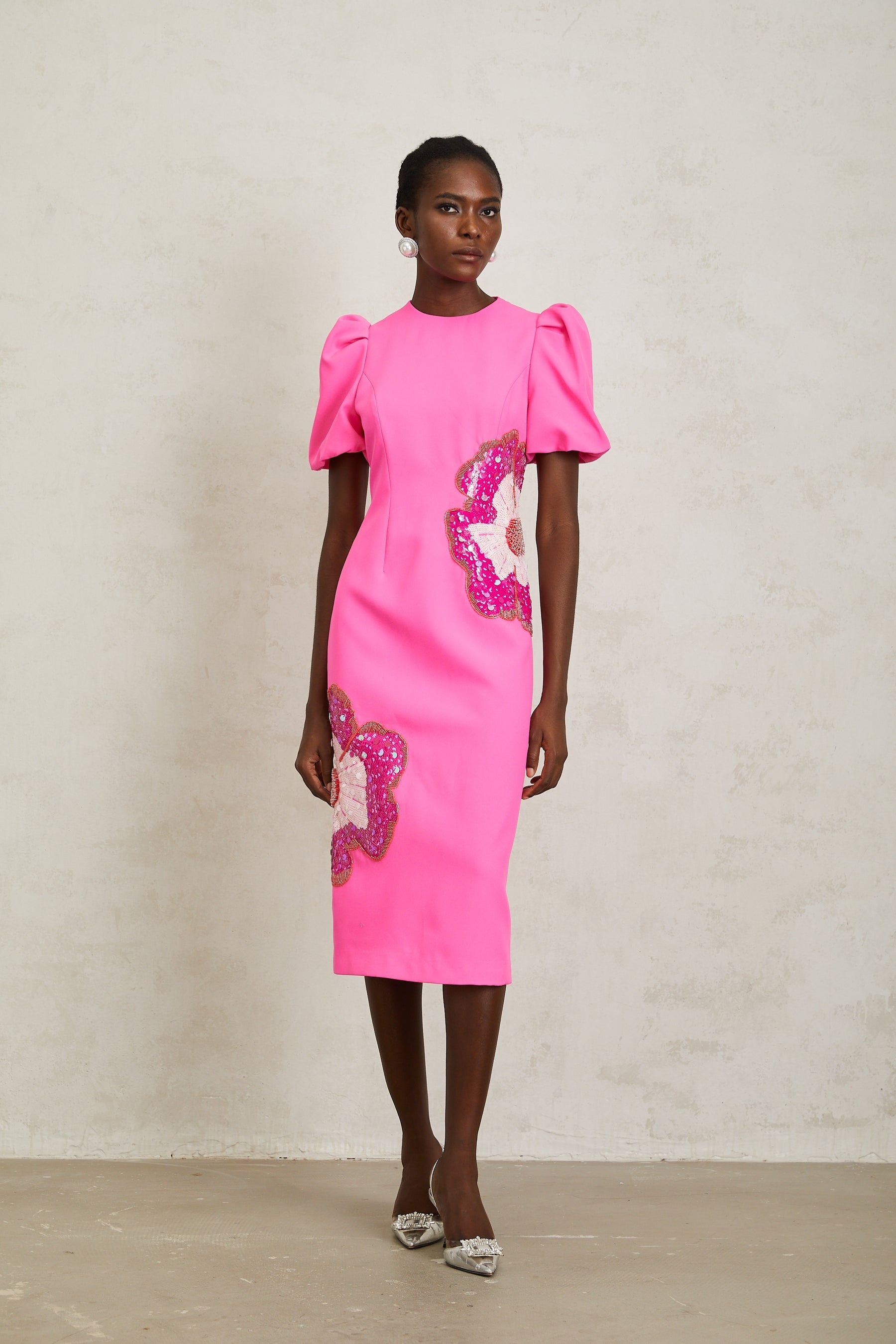 Ángela Pink Embellished Floral Midi Dress
