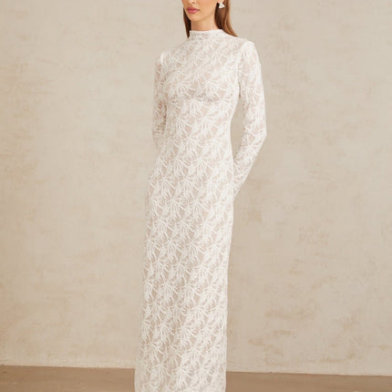 Angela White Crochet Knit Lace Maxi Dress Floral Jacquard Pattern Long Sleeve Mock Neck Straight Hem Rear Zip Fastening 100% Terylene Fiber