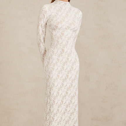 Angela White Crochet Lace Maxi Dress Floral Jacquard Pattern