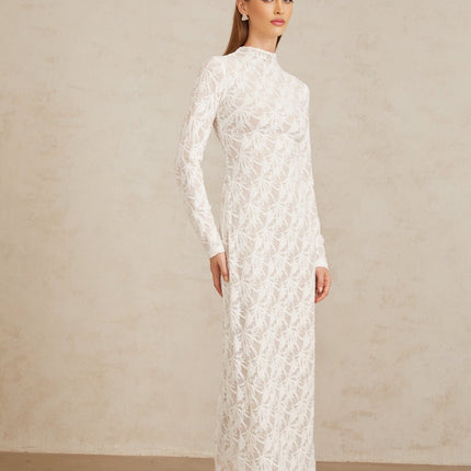 Angela White Crochet Lace Maxi Dress Floral Jacquard Pattern