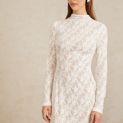 Angela White Crochet Lace Maxi Dress Floral Jacquard Pattern Mock Neck Long Sleeve Straight Hem Rear Zip Fastening Terylene Fiber