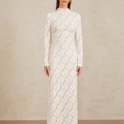 Angela White Crochet Lace Maxi Dress Floral Jacquard Pattern Long Sleeve Mock Neck Elegant Formal Evening Gown