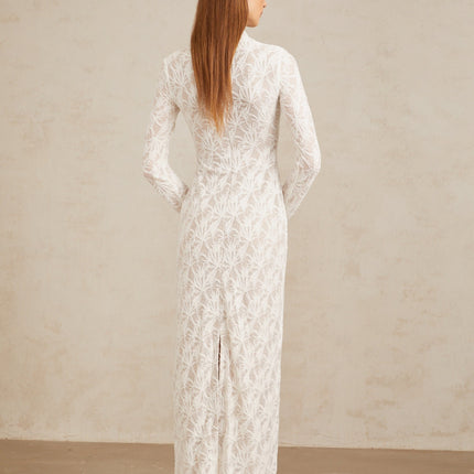 Angela White Crochet Lace Maxi Dress Floral Jacquard Pattern Long Sleeve Mock Neck Straight Hem Rear Zip Fastening Terylene Fiber
